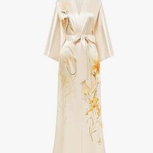 Cream Long Poly Satin Kimono with Tiger Lillies